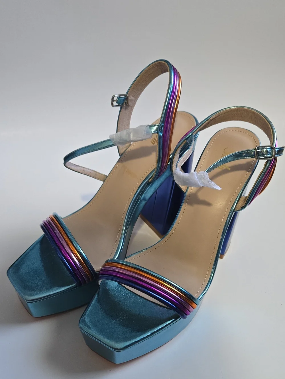 New SHEIN Teal Platform Sandals with Multicolor Metallic Straps